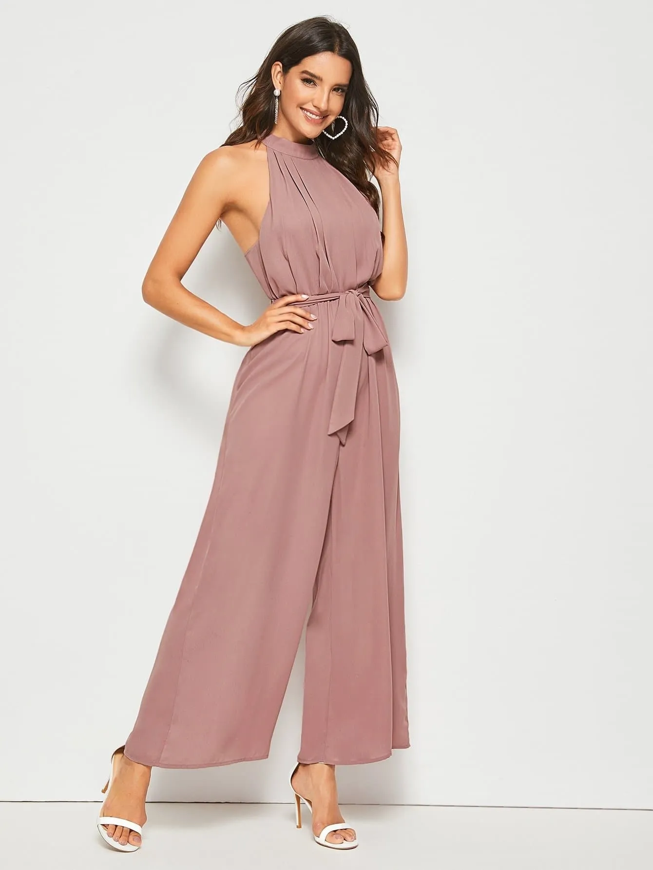 Pastel Pink Sleeveless Split Back Belted Halter Palazzo Jumpsuit