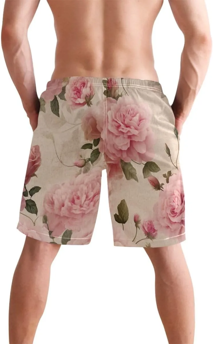 Pink Roses Pastel Board Shorts for Men, Mesh Lining Vacation Shorts with Pockets S