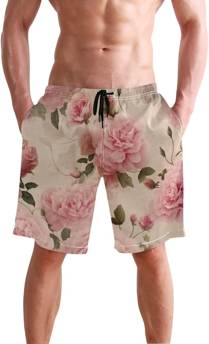 Pink Roses Pastel Board Shorts for Men, Mesh Lining Vacation Shorts with Pockets S
