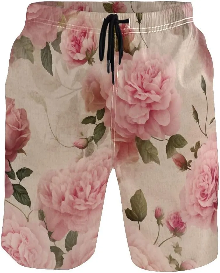 Pink Roses Pastel Board Shorts for Men, Mesh Lining Vacation Shorts with Pockets S