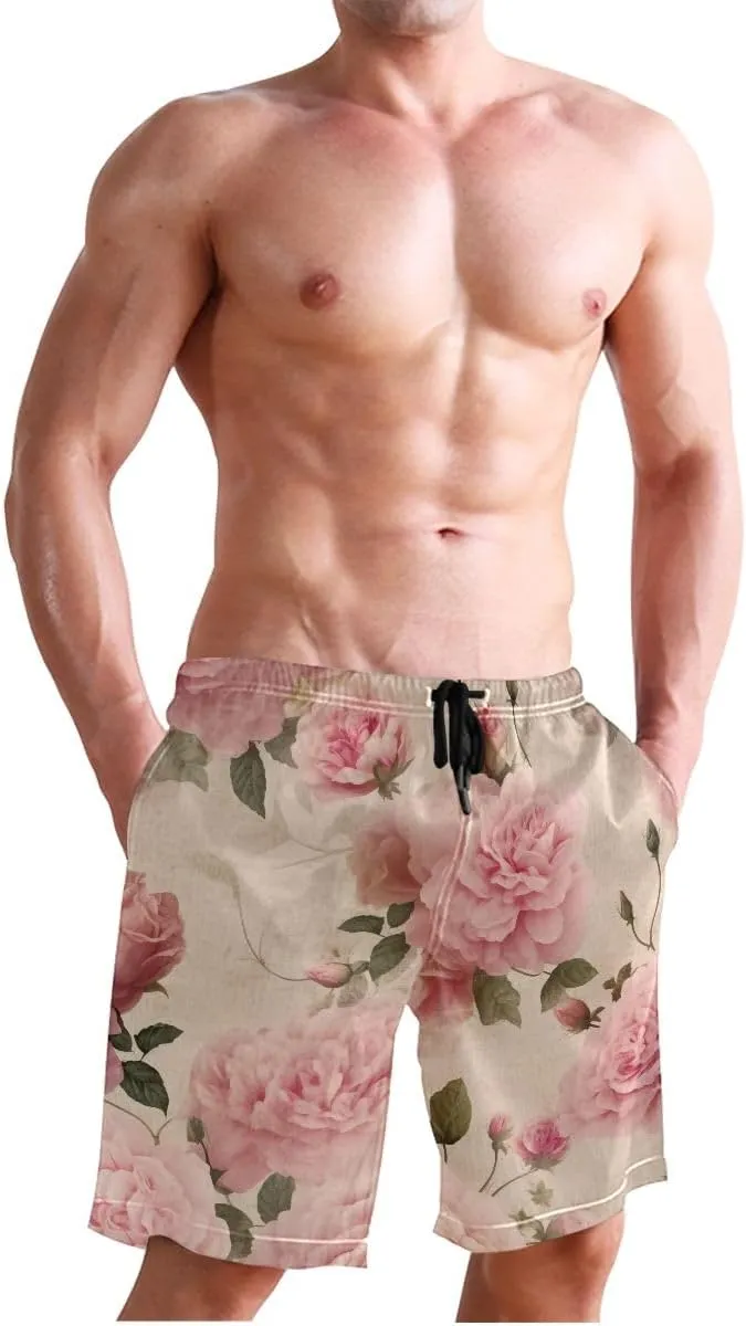 Pink Roses Pastel Board Shorts for Men, Mesh Lining Vacation Shorts with Pockets S