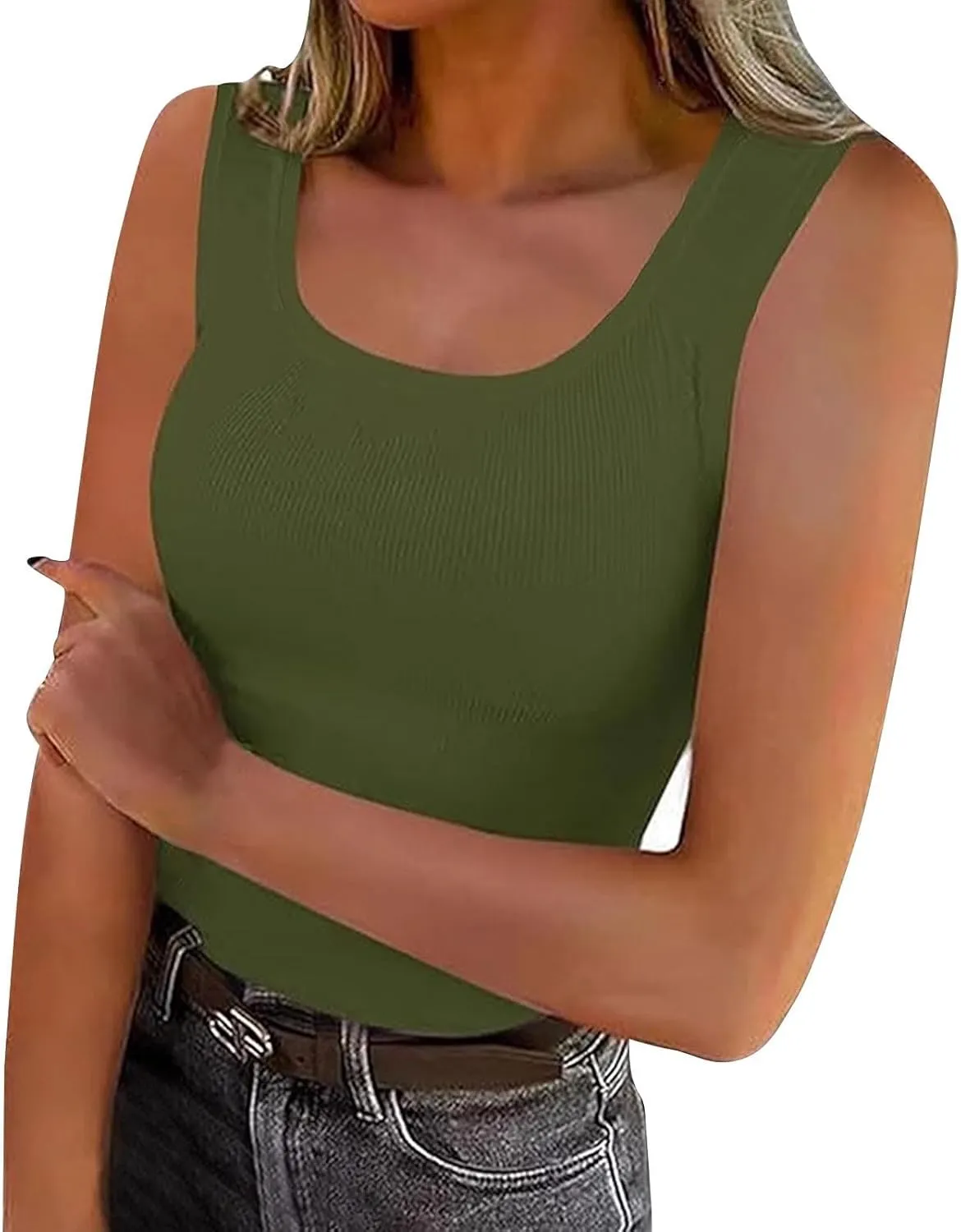 Ribbed Knit Tank Tops for Women Summer Scoop Neck Sleeveless Cropped Shirts Casual Solid Color Workout Slim Blouse