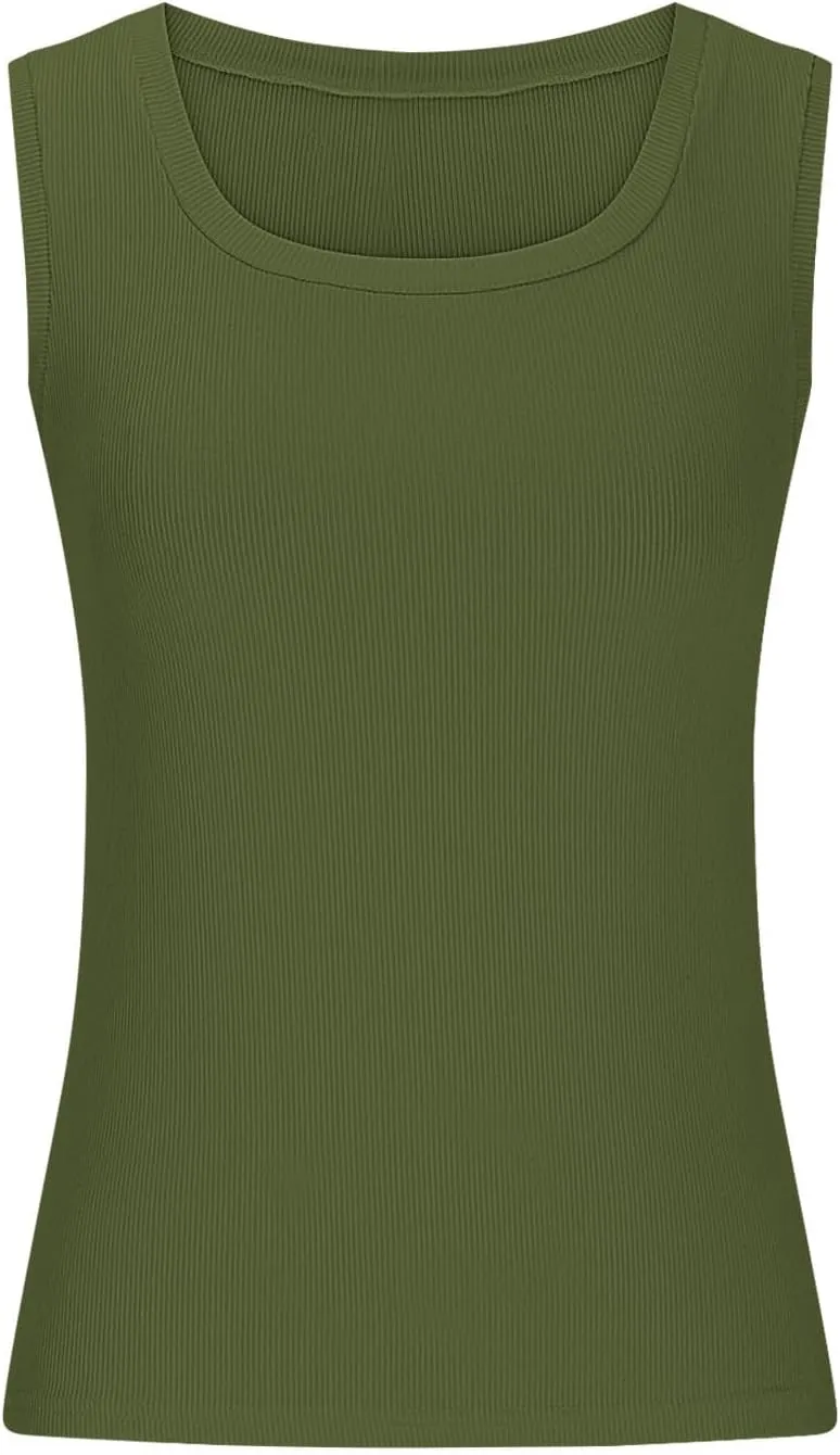 Ribbed Knit Tank Tops for Women Summer Scoop Neck Sleeveless Cropped Shirts Casual Solid Color Workout Slim Blouse