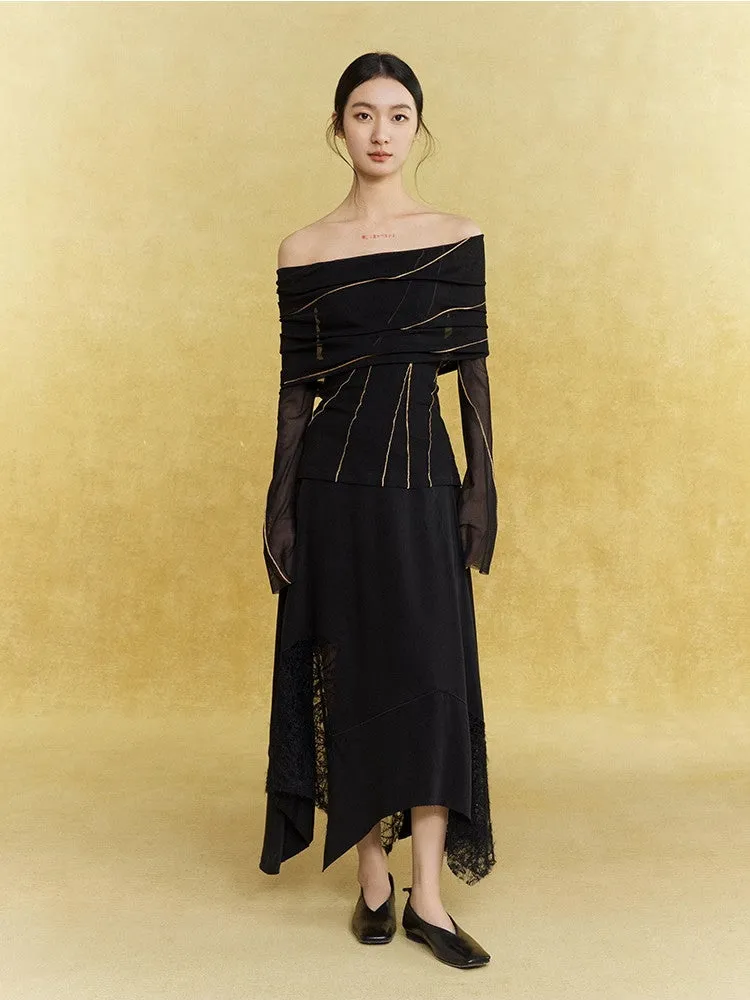 Satin Lace Asymmetry Elegant Chic Long-Skirt