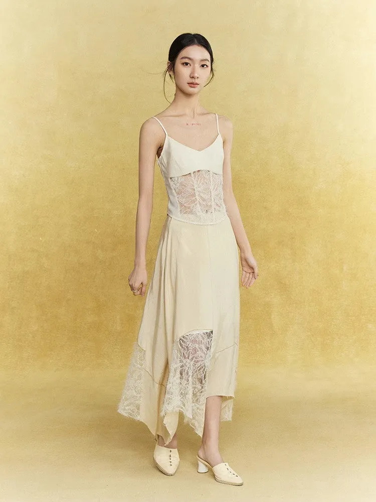Satin Lace Asymmetry Elegant Chic Long-Skirt