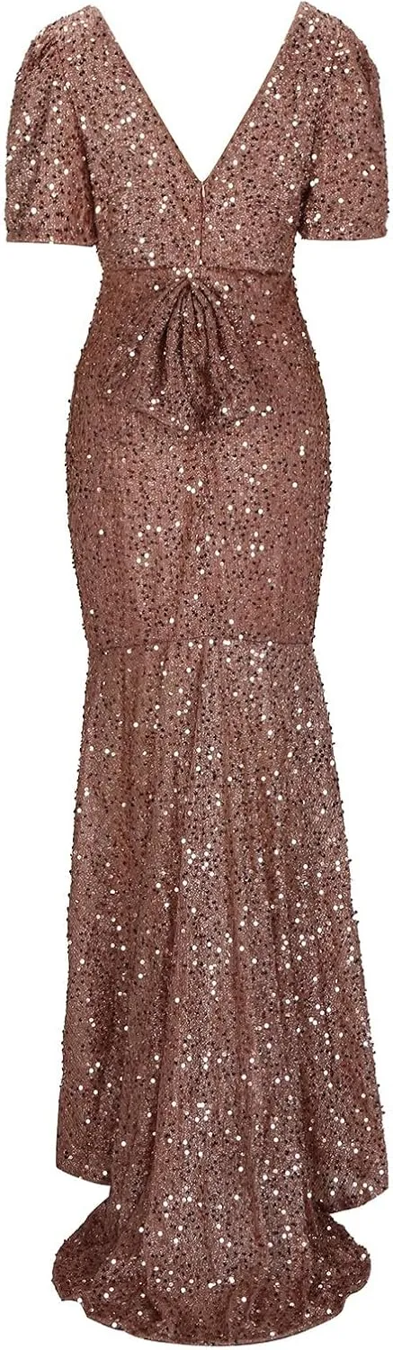 Sequin Prom Dresses for Women 2025 V Neck Short Sleeve Trendy Bodycon Long Dress Mermaid Formal Party Evening Gowns