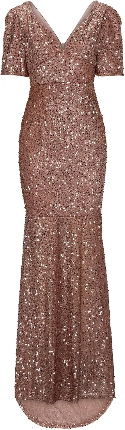 Sequin Prom Dresses for Women 2025 V Neck Short Sleeve Trendy Bodycon Long Dress Mermaid Formal Party Evening Gowns