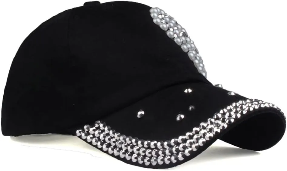 Shiny Baseball Cap for Women Pearl Loving Heart Chic Denim Hats Bling Metal Sun Hat Skullcap Adjustable Comfy Outdoor