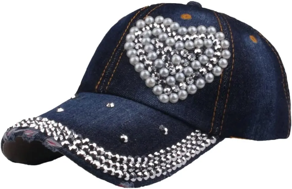 Shiny Baseball Cap for Women Pearl Loving Heart Chic Denim Hats Bling Metal Sun Hat Skullcap Adjustable Comfy Outdoor