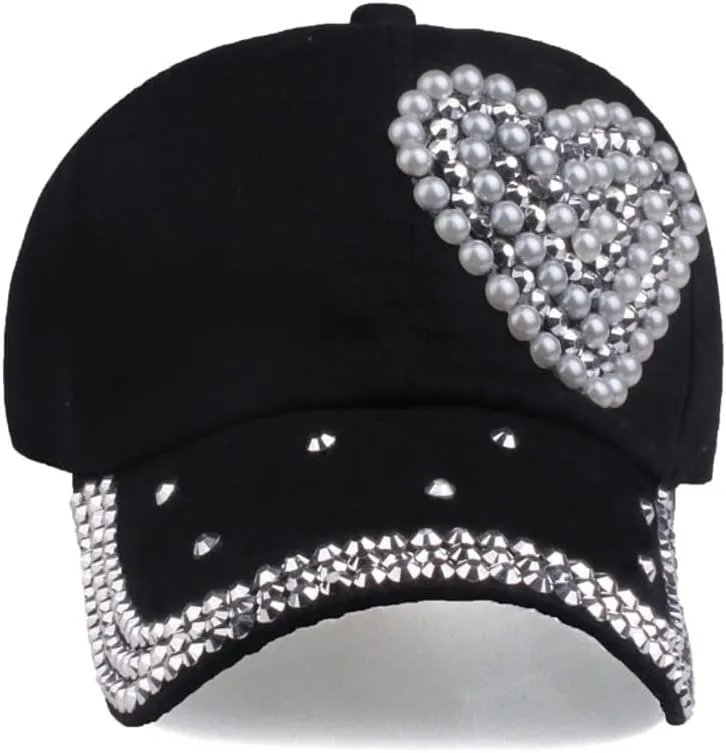 Shiny Baseball Cap for Women Pearl Loving Heart Chic Denim Hats Bling Metal Sun Hat Skullcap Adjustable Comfy Outdoor
