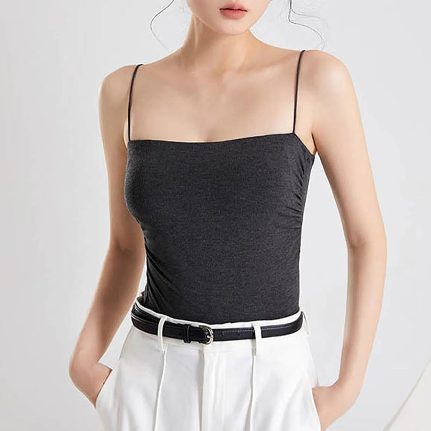 Summer Camisole for Women Built in Bra Spaghetti Straps Sleeveless Basic Tank Top Casual Trendy Sexy Yoga Cami Shirt