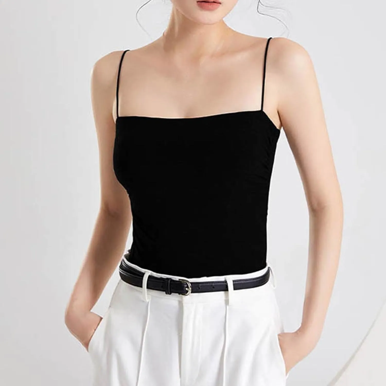 Summer Camisole for Women Built in Bra Spaghetti Straps Sleeveless Basic Tank Top Casual Trendy Sexy Yoga Cami Shirt