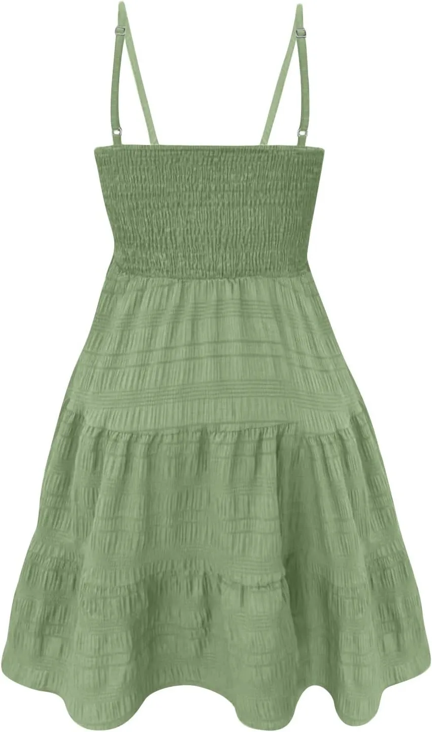 Summer Dresses for Women Sleeveless Mini Dress Spaghetti Strap Ruffle Hem Sundress Tiered Elastic Textured Dress