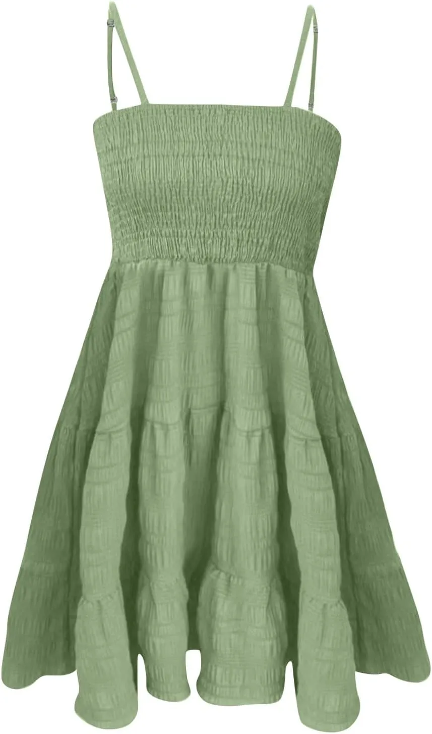 Summer Dresses for Women Sleeveless Mini Dress Spaghetti Strap Ruffle Hem Sundress Tiered Elastic Textured Dress