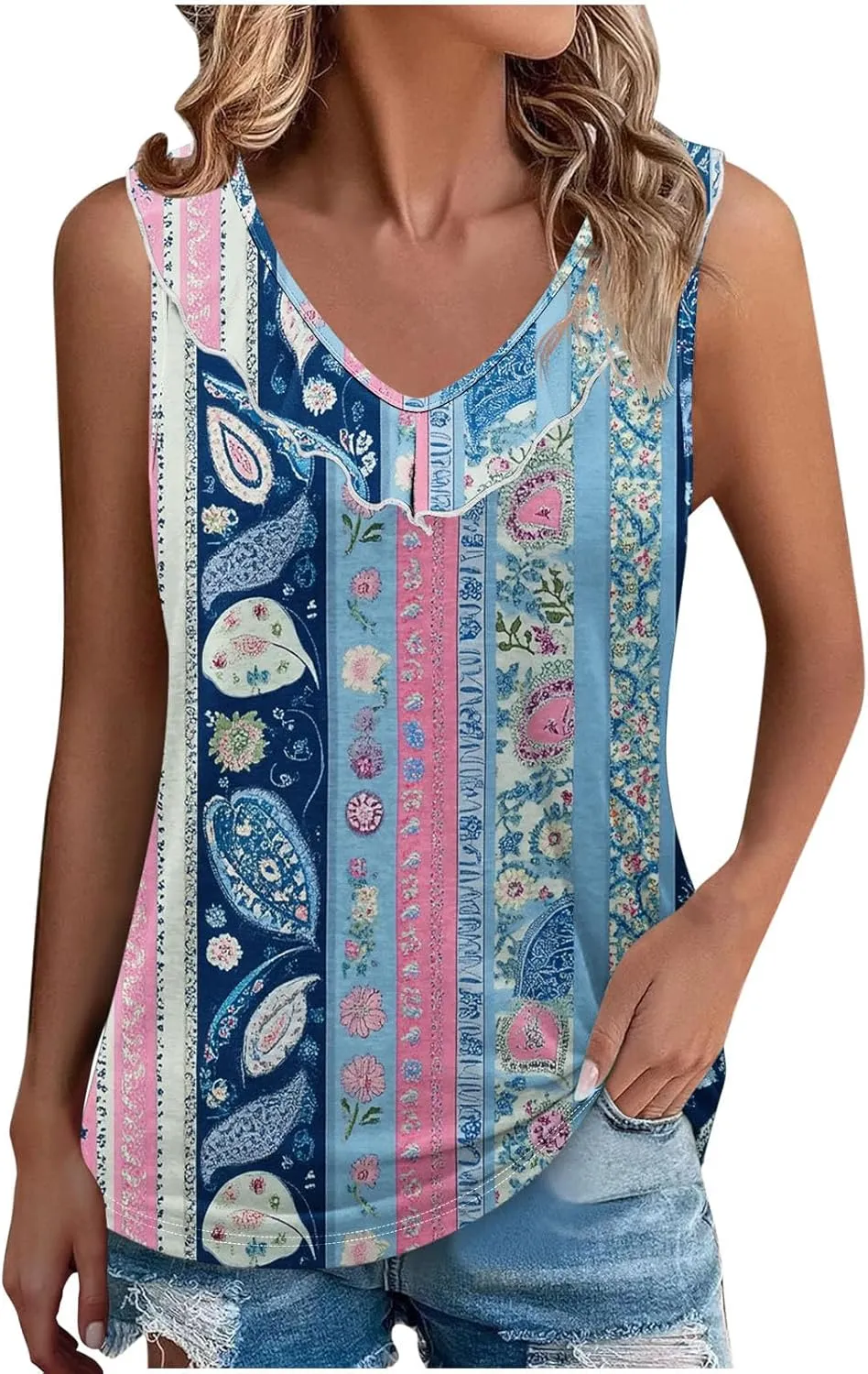 Summer Tank Tops for Women 2025 Fashion Printed V Neck Sleeveless Shirt Soft Comfy Trendy Beach Casual Dressy Outfits