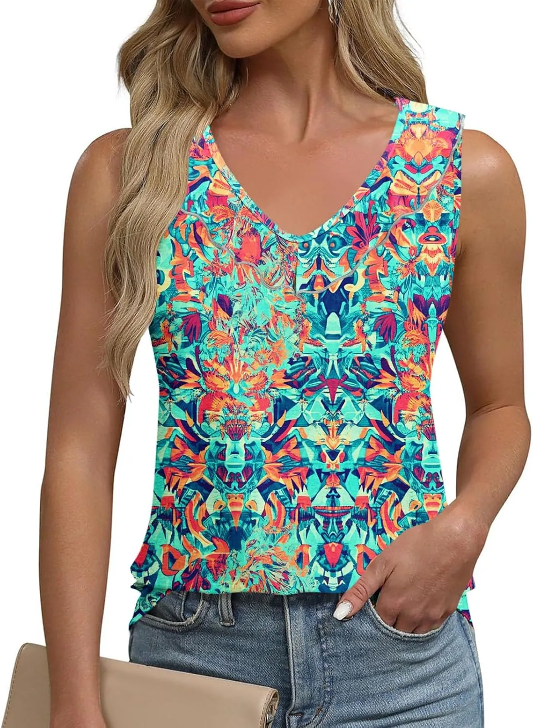 Summer Tank Tops for Women 2025 Fashion Printed V Neck Sleeveless Shirt Soft Comfy Trendy Beach Casual Dressy Outfits