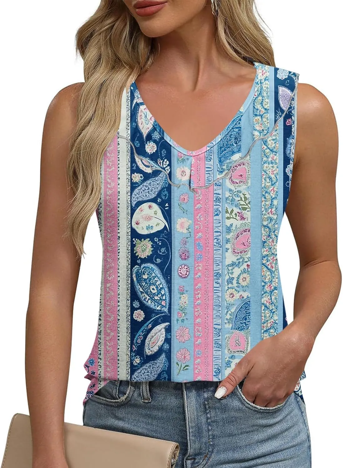 Summer Tank Tops for Women 2025 Fashion Printed V Neck Sleeveless Shirt Soft Comfy Trendy Beach Casual Dressy Outfits