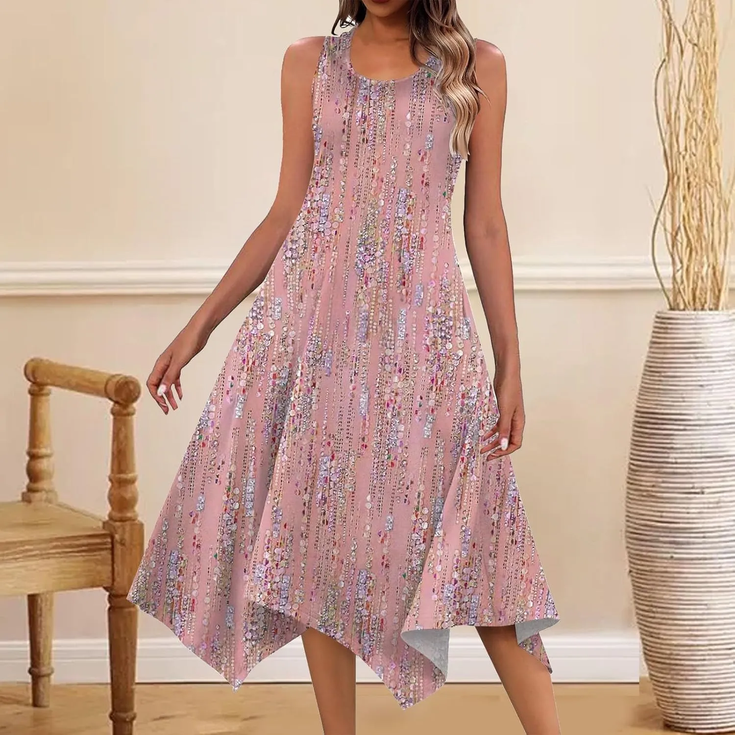 Sundresses for Women 2024 Casual Crewneck Printed Handkerchief Beach Dress Trendy High Waist Maxi Dress Summer Dress