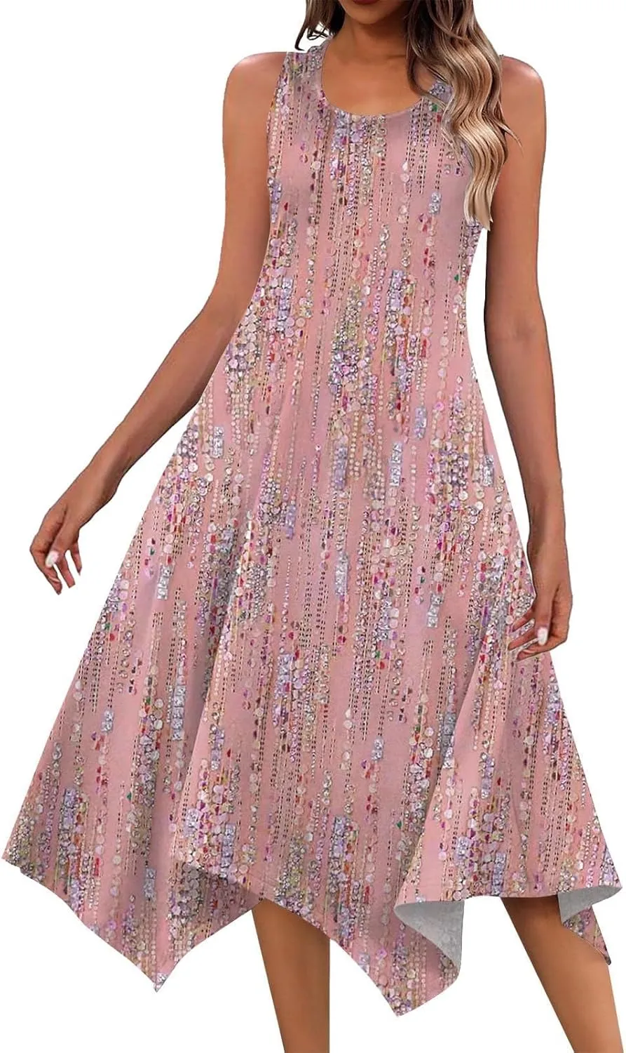 Sundresses for Women 2024 Casual Crewneck Printed Handkerchief Beach Dress Trendy High Waist Maxi Dress Summer Dress