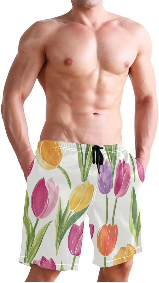 Tulips Spring Pastel Mens Swim Suit Trunks Casual Elastic Waist Drawstring Summer Beach Shorts S