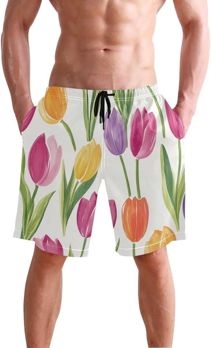 Tulips Spring Pastel Mens Swim Suit Trunks Casual Elastic Waist Drawstring Summer Beach Shorts S