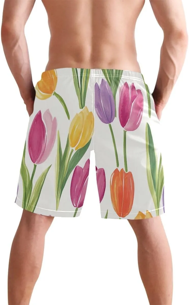 Tulips Spring Pastel Mens Swim Suit Trunks Casual Elastic Waist Drawstring Summer Beach Shorts S