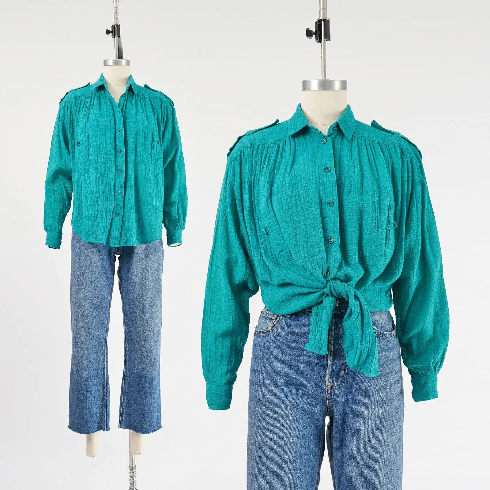 Vintage 90s Teal Cotton Gauze Blouse Collared Button Down Bohemian Shirt S M