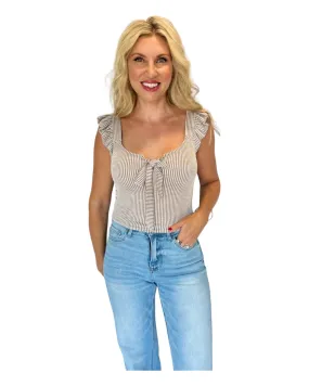 White & Taupe Tie Front Striped Soft Knit Tank Top