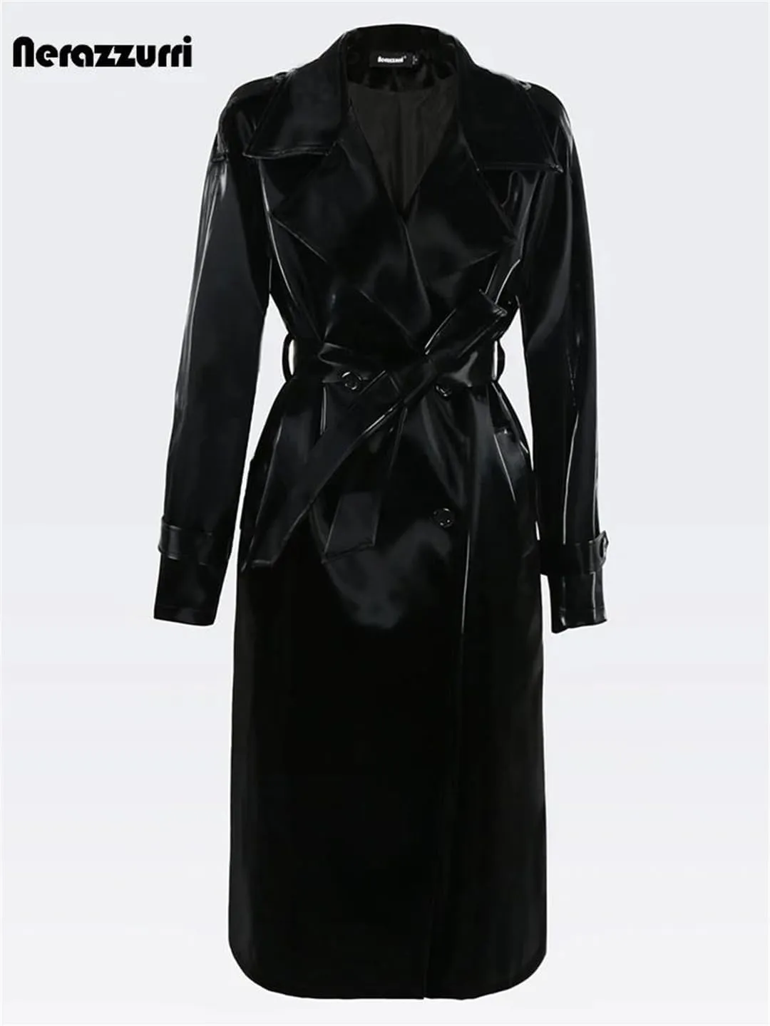 Women Autumn Long Cool Black Shiny Glitter Patent Sashes Double Breasted Europe Faux Leather Trench Coat