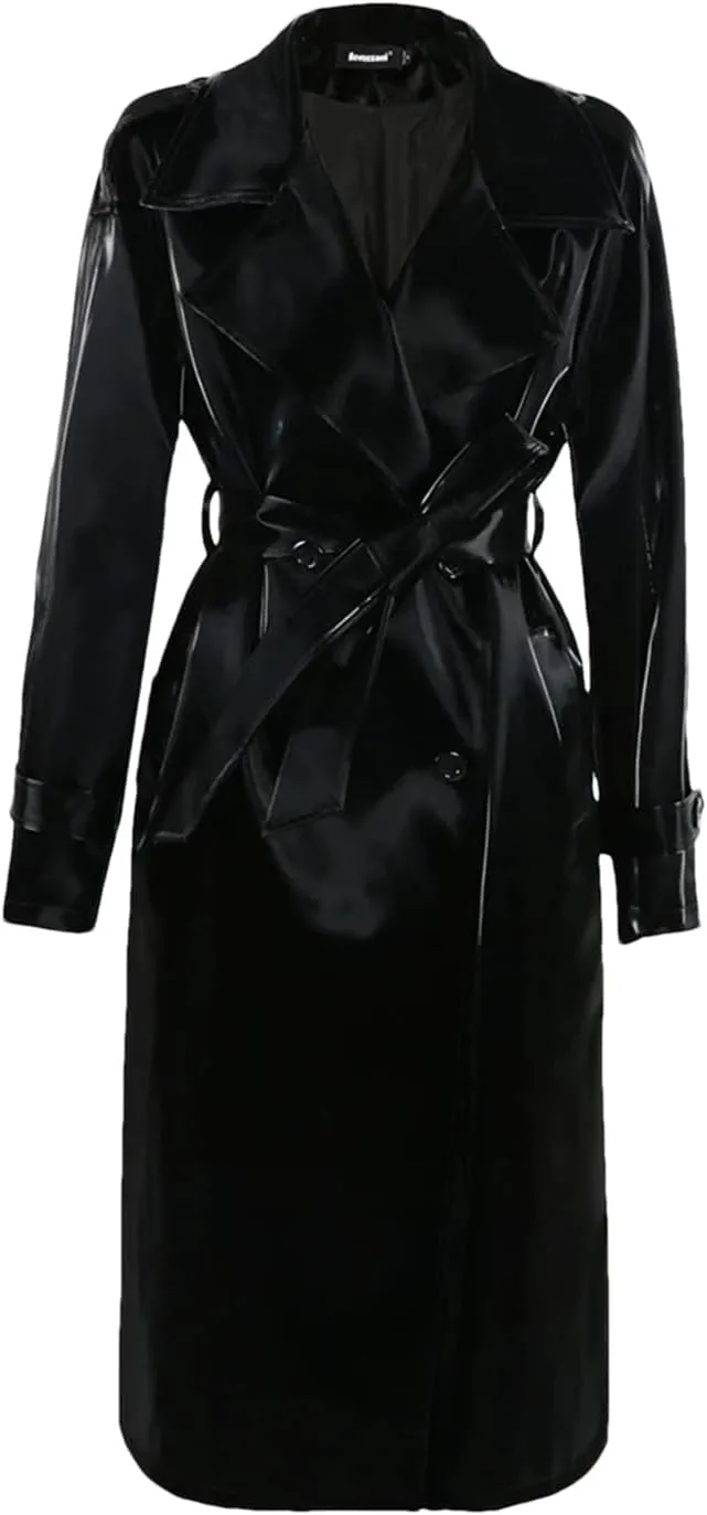 Women Autumn Long Cool Black Shiny Glitter Patent Sashes Double Breasted Europe Faux Leather Trench Coat