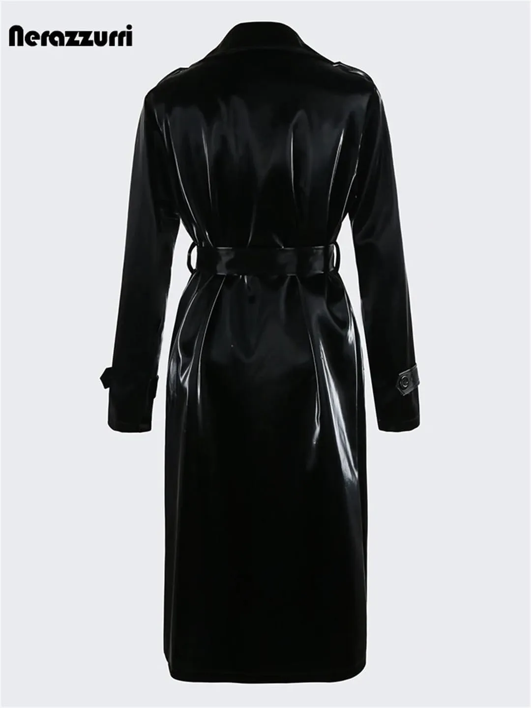 Women Autumn Long Cool Black Shiny Glitter Patent Sashes Double Breasted Europe Faux Leather Trench Coat