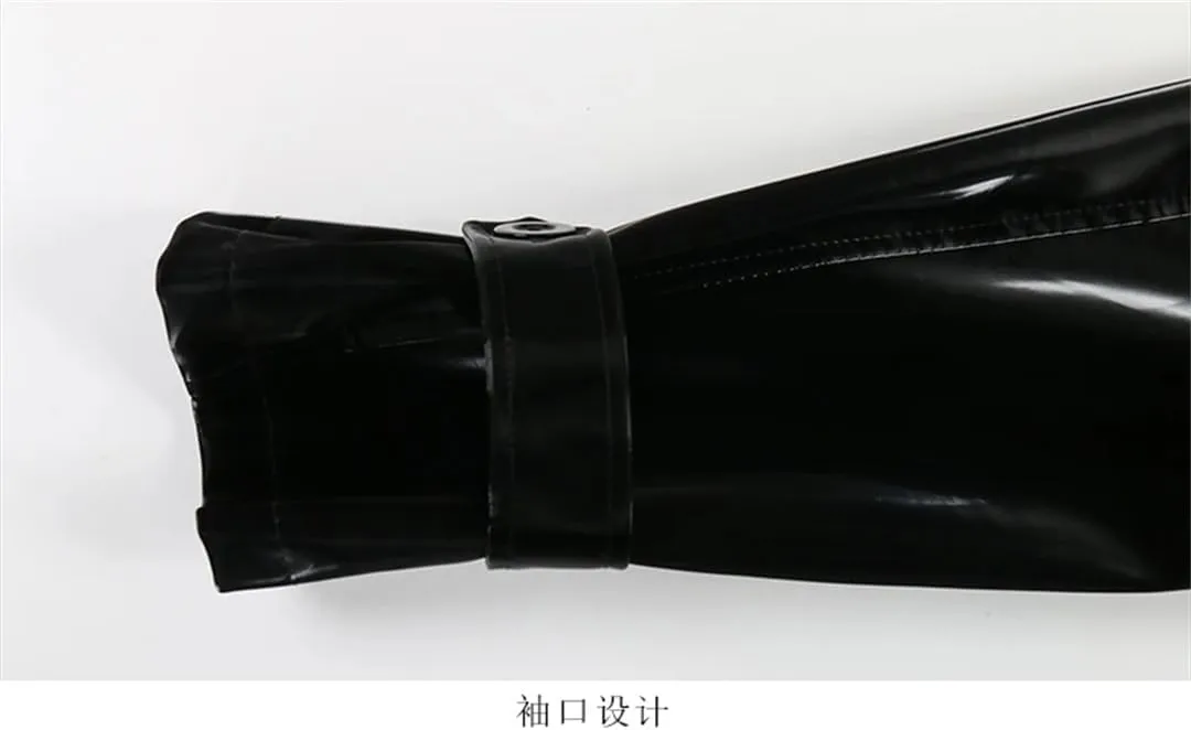 Women Autumn Long Cool Black Shiny Glitter Patent Sashes Double Breasted Europe Faux Leather Trench Coat