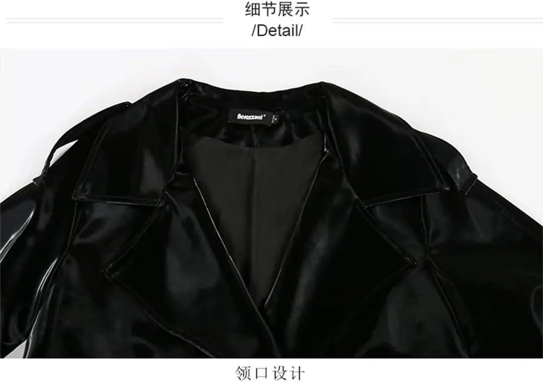 Women Autumn Long Cool Black Shiny Glitter Patent Sashes Double Breasted Europe Faux Leather Trench Coat