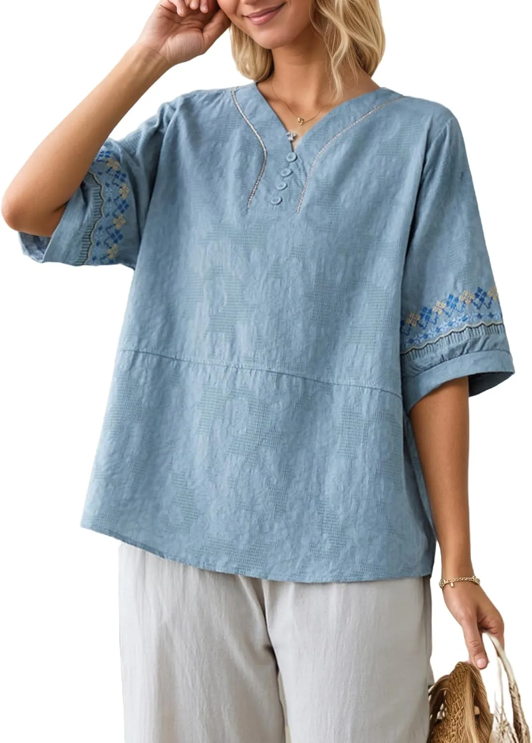 Women Cotton Linen Shirts Button Down Floral Embroidery Short Sleeve Blouses V Neck Lightweight Casual Loose Tops Tees