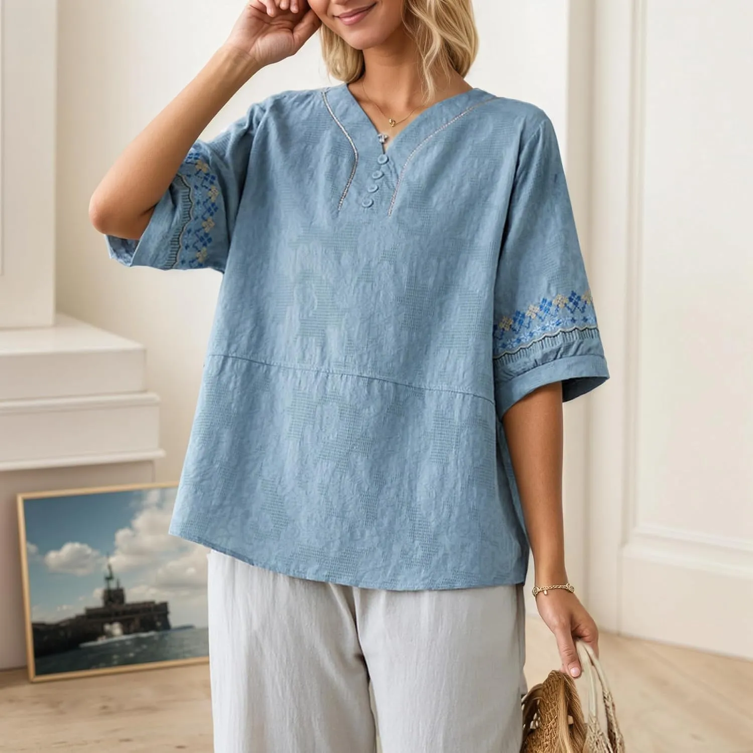 Women Cotton Linen Shirts Button Down Floral Embroidery Short Sleeve Blouses V Neck Lightweight Casual Loose Tops Tees
