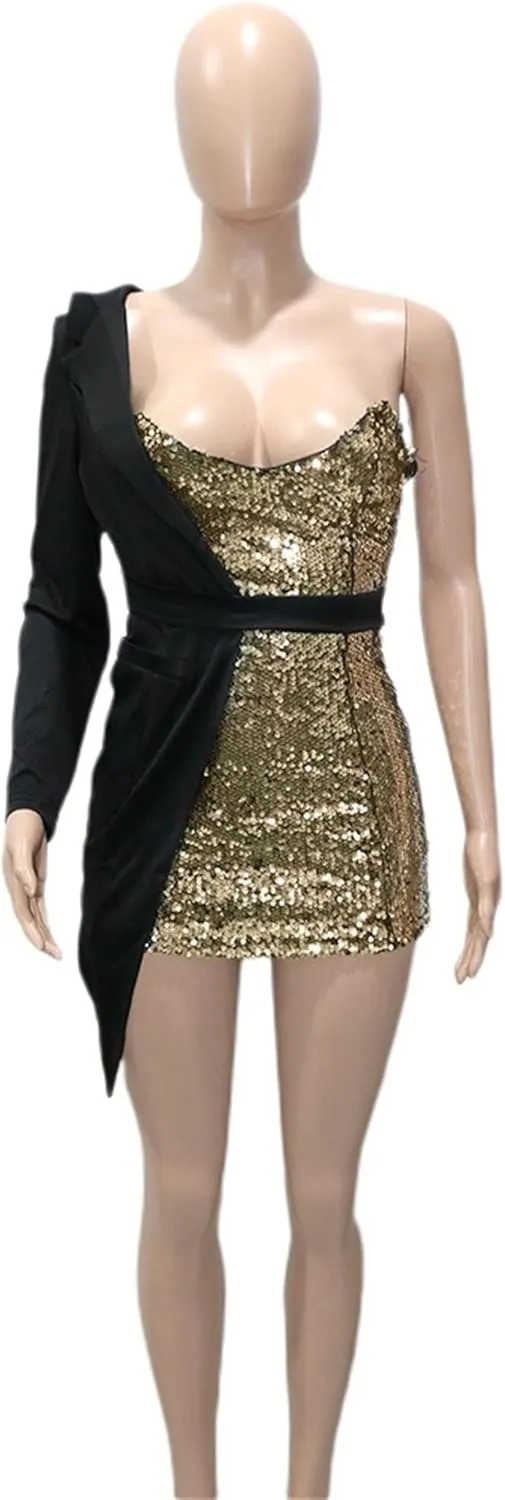 Women Sequin Sexy One Shoulder Dress Long Sleeve Backless Bodycon Cocktail Evening Dress 2024 Formal Party Dress