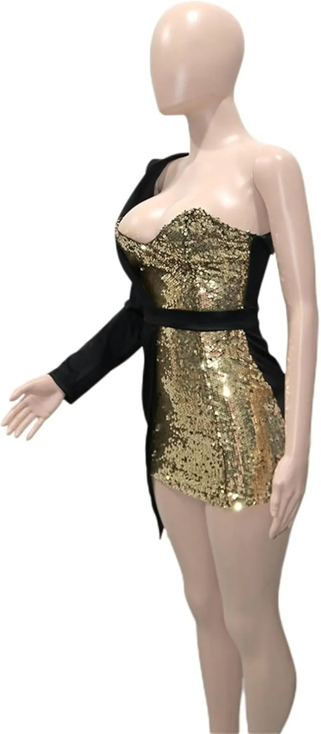 Women Sequin Sexy One Shoulder Dress Long Sleeve Backless Bodycon Cocktail Evening Dress 2024 Formal Party Dress