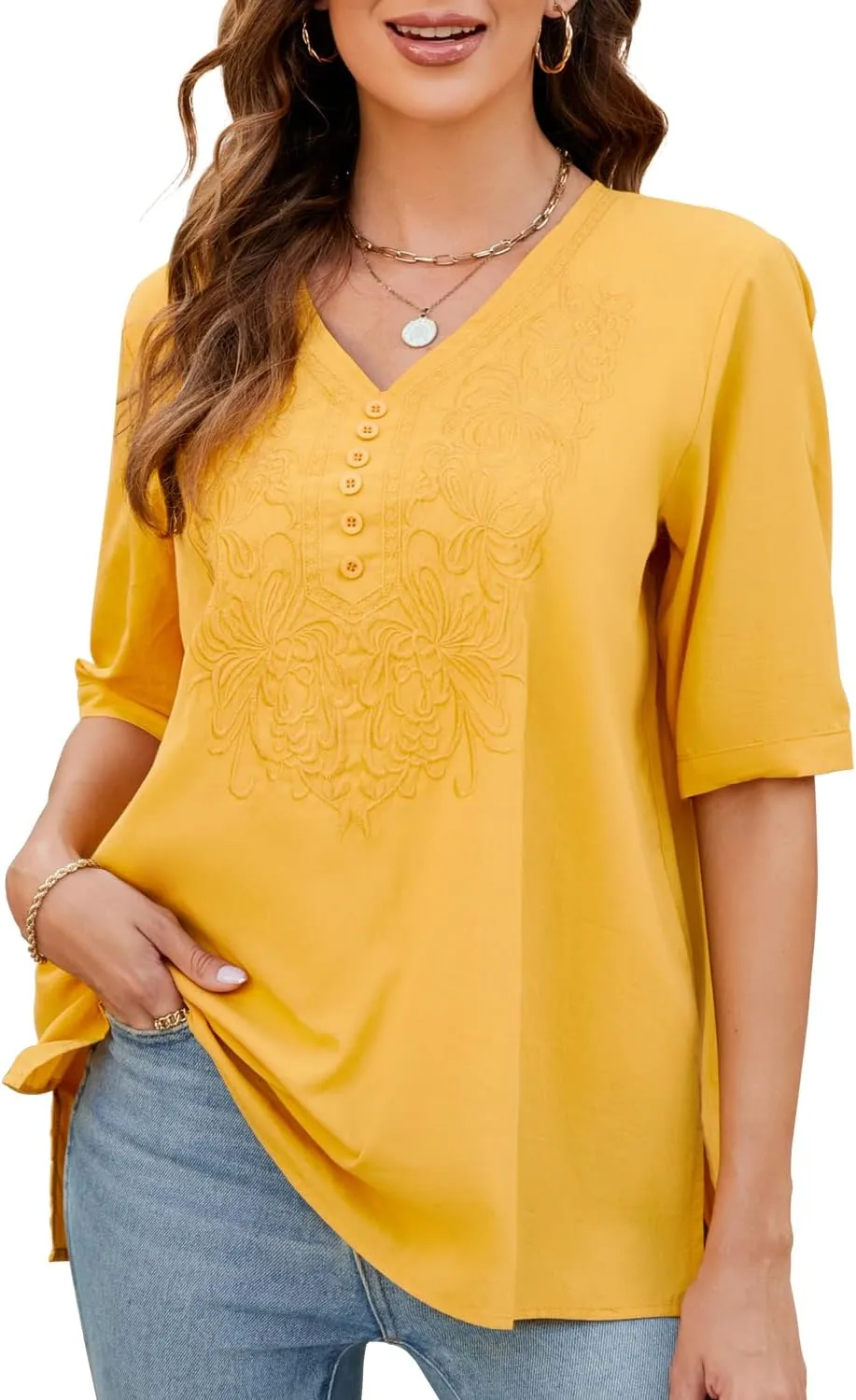 Women's 3/4 Sleeve Cotton Casual Tops,V Neck Embroidery Blouse for Women,Jacquard Blouses Loose Tops t-Shirt