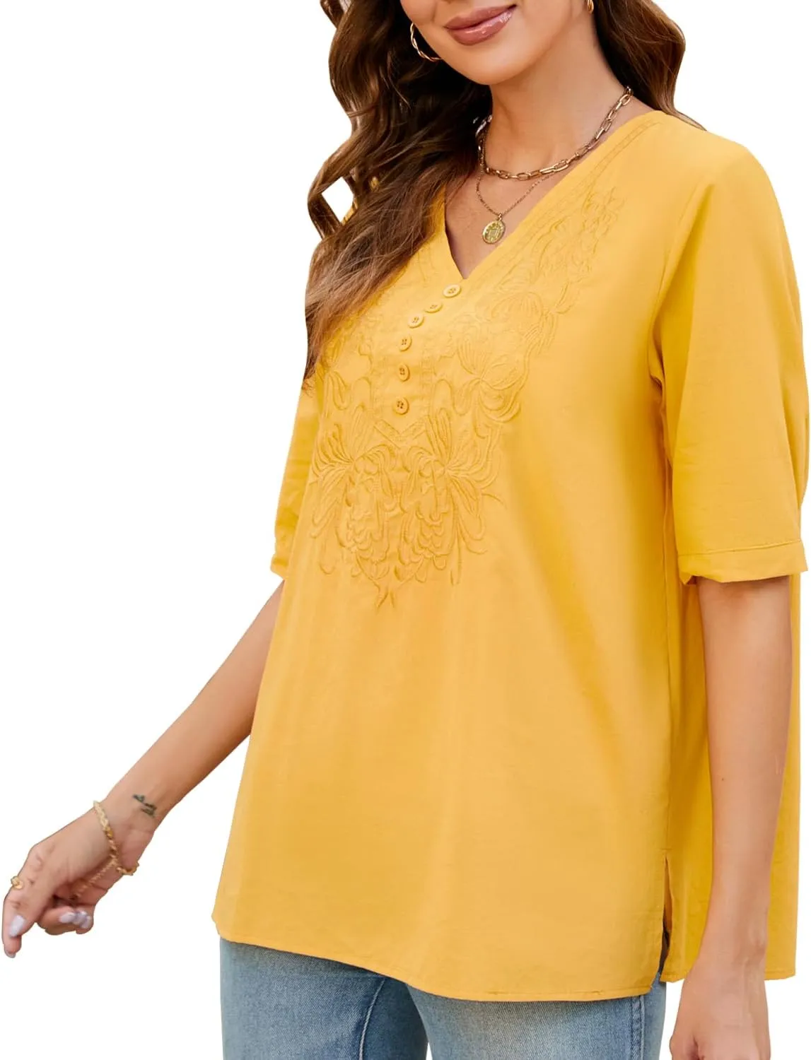 Women's 3/4 Sleeve Cotton Casual Tops,V Neck Embroidery Blouse for Women,Jacquard Blouses Loose Tops t-Shirt