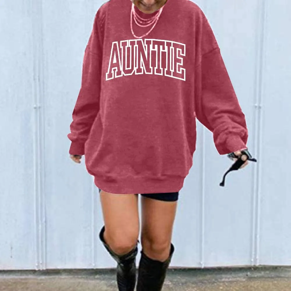 Womens Aunt Sweatshirt Cool Aunt Crewneck Sweatshirt Auntie Letter Print Long Sleeve Pullover Top