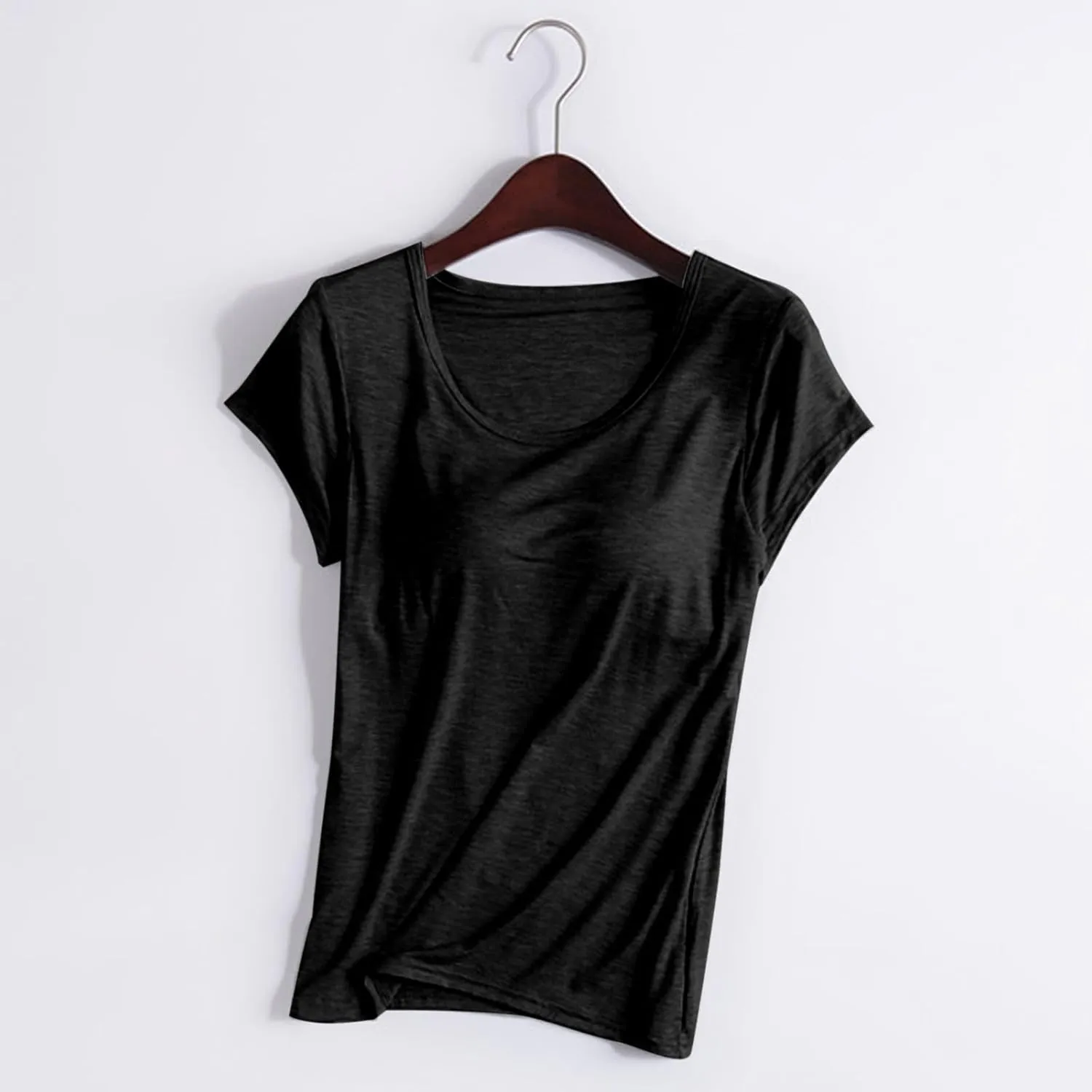 Womens Built-in Bra T-Shirt Padded Active Yoga Tops Short Sleeves Plain Blouses Soft Pajama Casual Workout Shirts