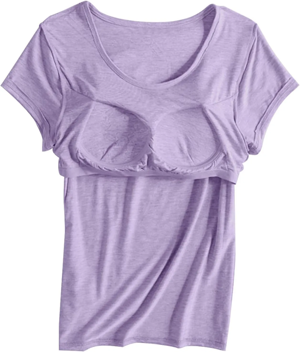 Womens Built-in Bra T-Shirt Padded Active Yoga Tops Short Sleeves Plain Blouses Soft Pajama Casual Workout Shirts