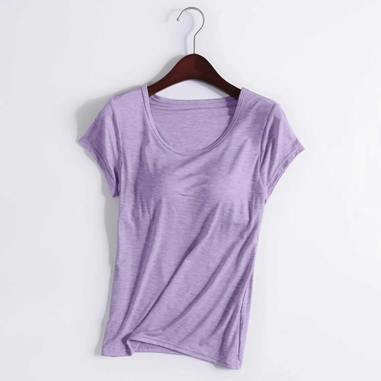Womens Built-in Bra T-Shirt Padded Active Yoga Tops Short Sleeves Plain Blouses Soft Pajama Casual Workout Shirts