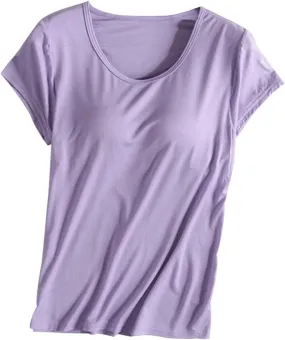 Womens Built-in Bra T-Shirt Padded Active Yoga Tops Short Sleeves Plain Blouses Soft Pajama Casual Workout Shirts