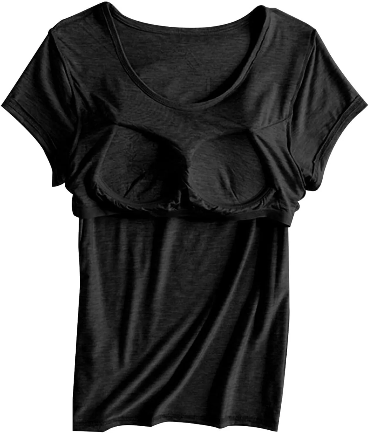 Womens Built-in Bra T-Shirt Padded Active Yoga Tops Short Sleeves Plain Blouses Soft Pajama Casual Workout Shirts