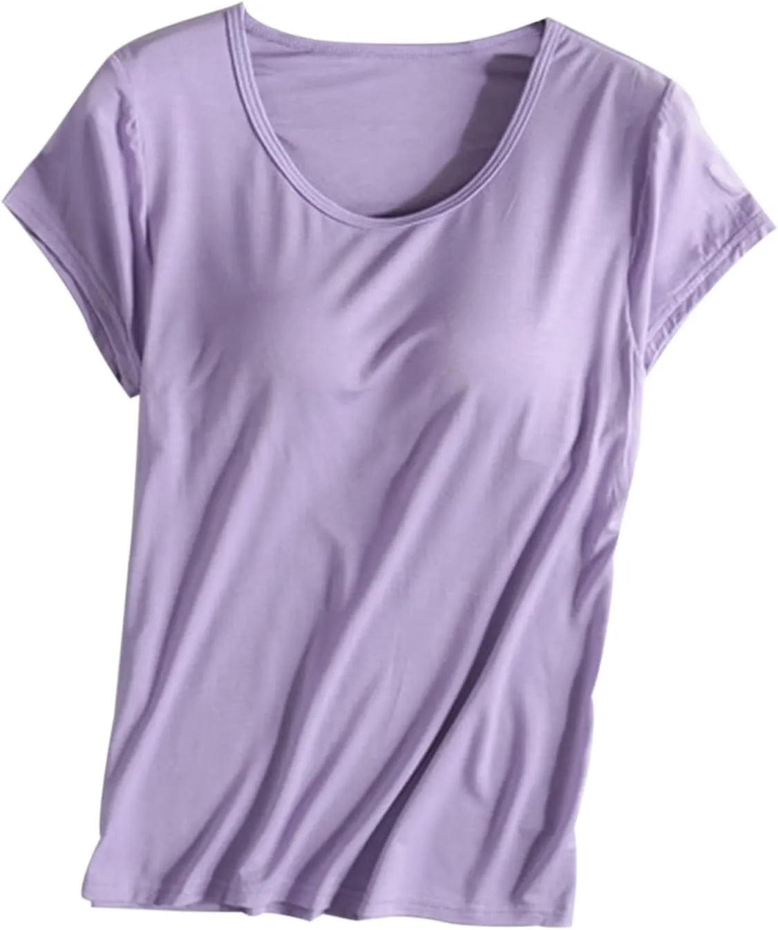 Womens Built-in Bra T-Shirt Padded Active Yoga Tops Short Sleeves Plain Blouses Soft Pajama Casual Workout Shirts