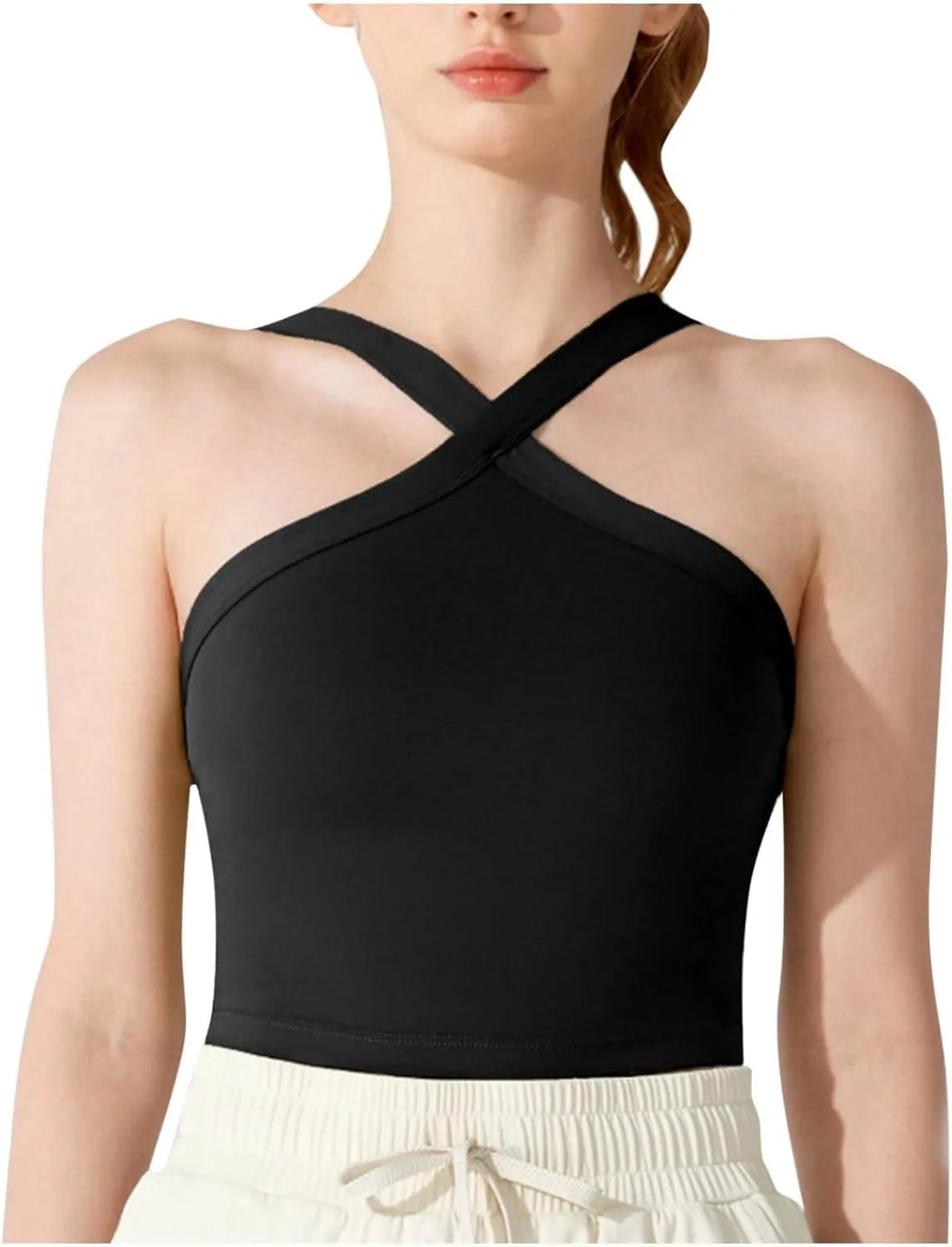 Women's Crop Tops Sexy Criss Cross Halter Sleeveless Wrap Front Backless Tee Shirt Solid Fashion Workout Yoga Blouse
