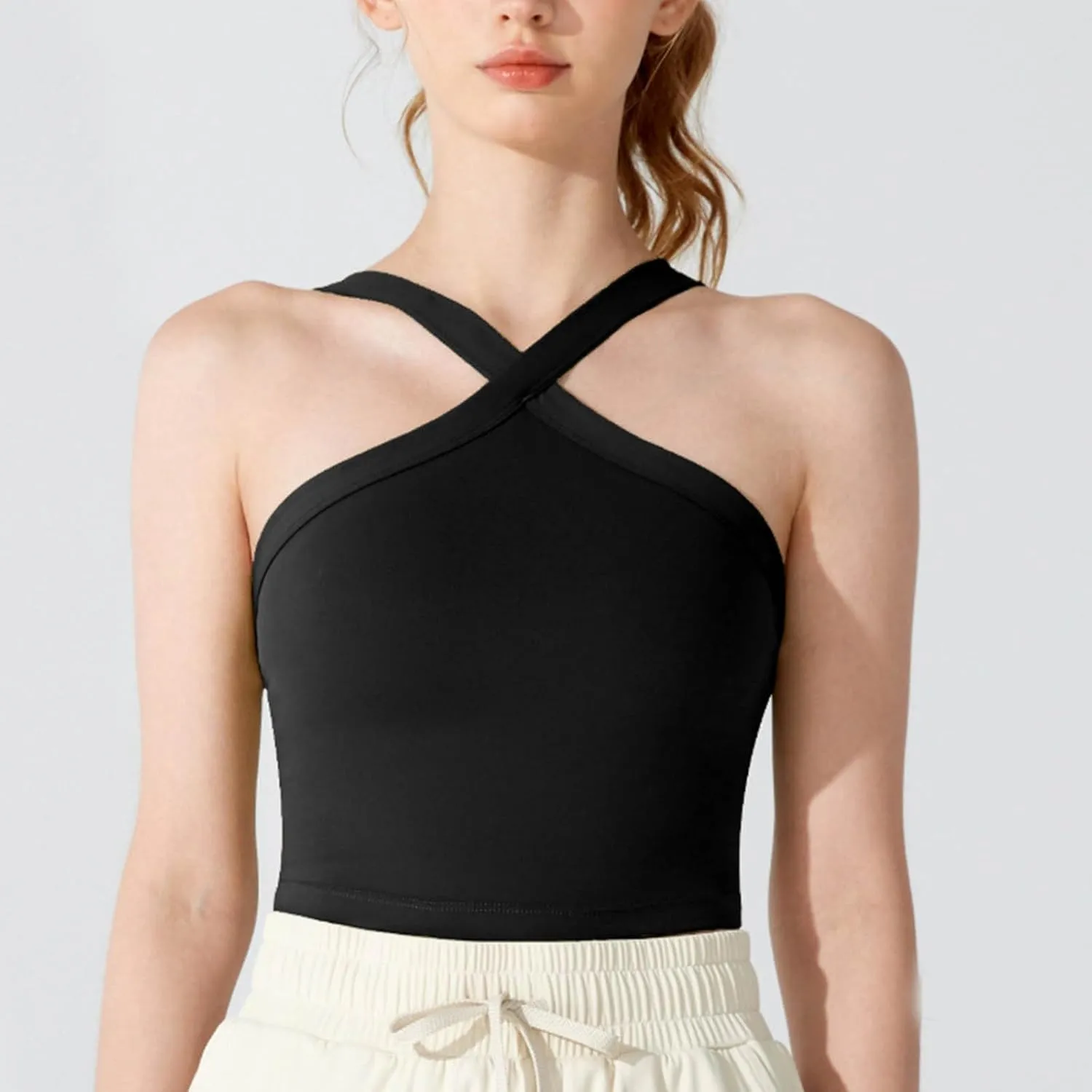 Women's Crop Tops Sexy Criss Cross Halter Sleeveless Wrap Front Backless Tee Shirt Solid Fashion Workout Yoga Blouse