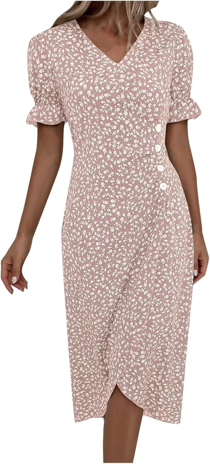Women's Dresses Floral Printed Boho Dresses Summer Swing V-Neck Short Sleeve Dress Maxi, S-XL
