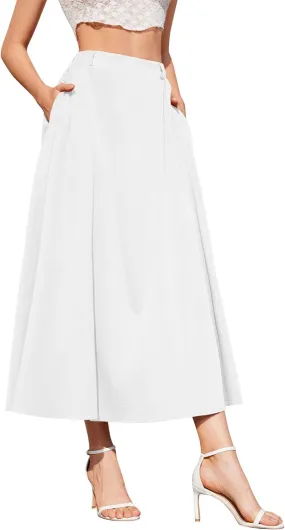 Womens Flowy Maxi Skirt Summer Elastic High Waist Long Skirts Casual A-Line Skirt with Pockets